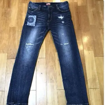 남성용 [새상품급 갓차] 패치워크 자수 데님 팬츠 파랑 XXL 데미지