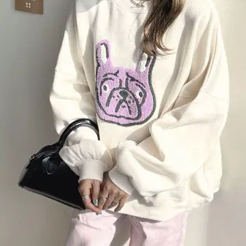 불독 이누 견 상량 자수 볼륨 소매 풀오버 맨투맨