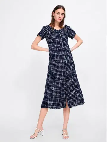 택 포함 새상품 ZARA 오프숄더 트위드 롱 원피스 네이비 비쥬 L