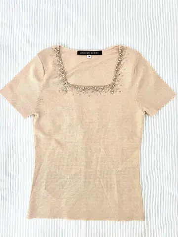 MICHEL KLEIN 반팔 얇은 소재 니트 비즈 핑크 계열