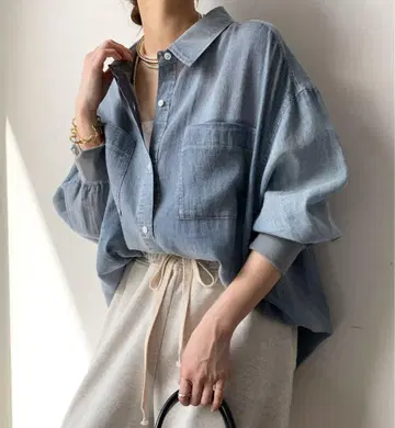 DOUDOU 소매 리브 시어 데님 셔츠