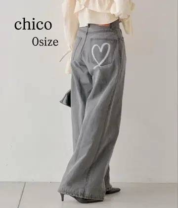 chico 하트 프린트 박스 와이드 데님 팬츠