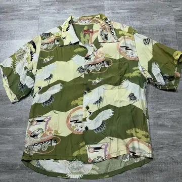 구제 의류 레이온 일본풍 패턴 알로하 셔츠 오픈 카라 셔츠 M 학 칠복신