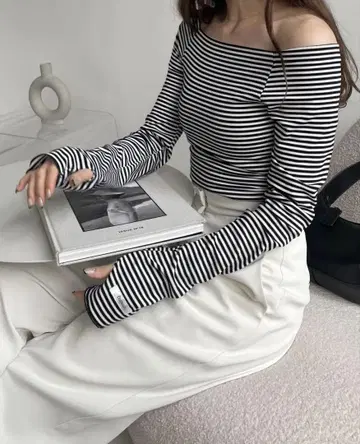 meing 보더 오프숄더 상의