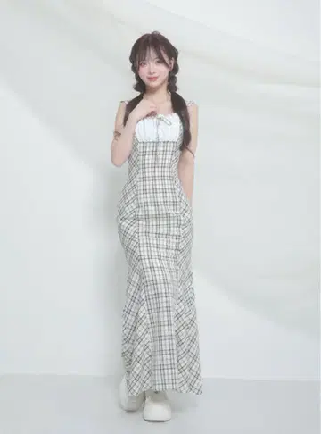 다리치 체크 머메이드 롱 원피스 BLK