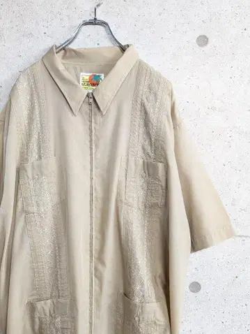 GUAYABERA 쿠바 셔츠 베이지 자수 반팔 셔츠 풀 집업