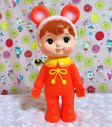 챠미 짱 오렌지 곰돌이 귀 귀여운 쇼와 레트로 소프트 비닐 인형 일본제