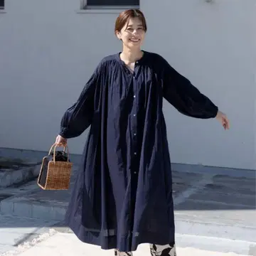 어반 리서치 도어스 코튼 보일 개더 원피스 인도 면 네이비