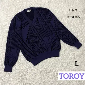 트로이 TOROY 니트 울 65% 자수 로고 올 패턴 L 레트로 일본제