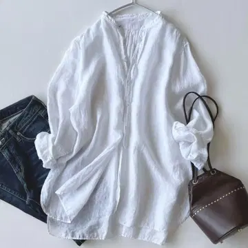 투모로우랜드 맥피 고급 린넨 100% 넉넉한 밴드 카라 튜닉 셔츠