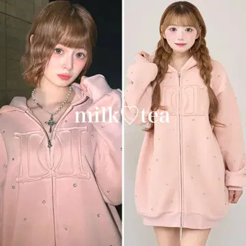 택 포함 새상품 다리치 DD 로고 비쥬 지퍼 후드티 핑크
