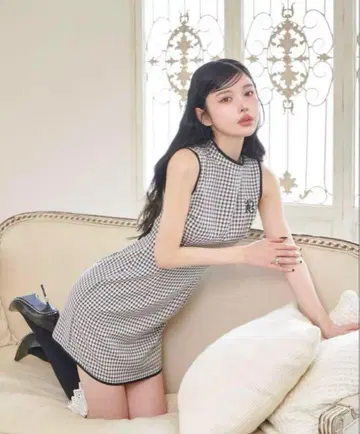 Darich 허리 오픈 체크 미니 원피스 BLK