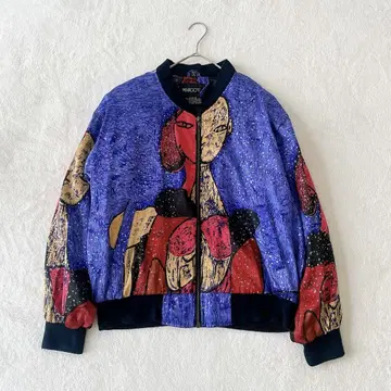 피카소 vintage 아트 모티브 올 패턴 나일론 자켓 블루종