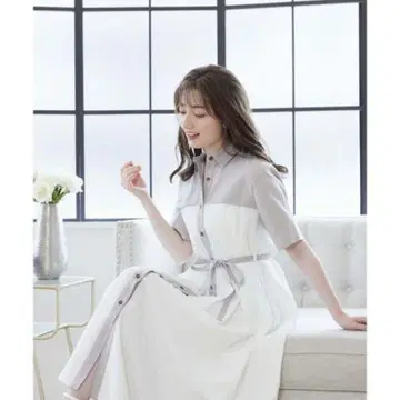 [ swingle ] 배색 절개 시어 스트라이프 셔츠 원피스 (베이지)