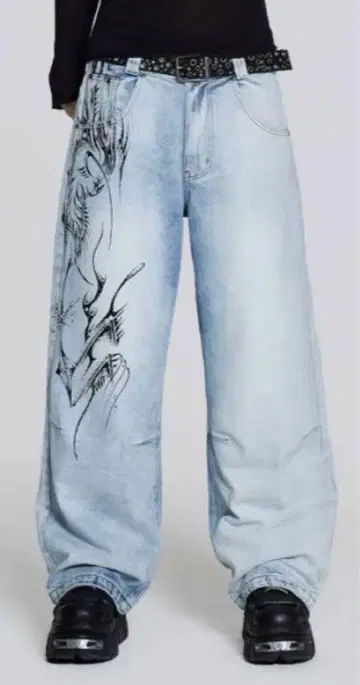 아트 프린트 와이드 레그 데님 팬츠