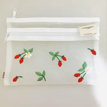 치카자와 레이스점 x 이자와야 메쉬 파우치 [딸기] 더블 지퍼