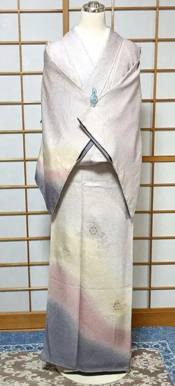 순수 실크 이중 기모노 그라데이션 컬러
