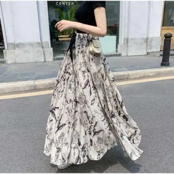 여성용 꽃무늬 플레어 맥시 스커트 롱 기장 맥시 길이 허리밴딩