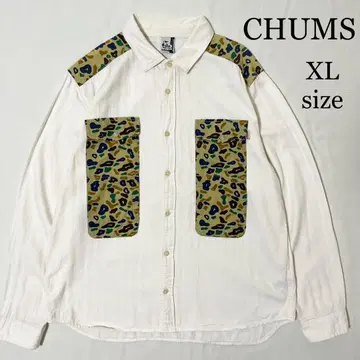 CHUMS 참스 포켓 절개 카모플라쥬 코튼 셔츠 화이트 셔츠 XL