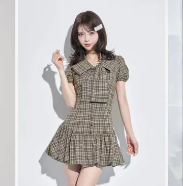 Darich 빅 리본 벌룬 체크 미니 원피스 베이지 FREE