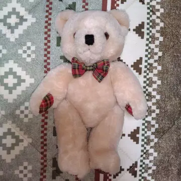 테디베어 봉제 인형 4 조인트 타탄 체크 나비 넥타이 베이지