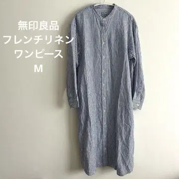 무인양품 린넨 100% 밴드 카라 스트라이프 셔츠 원피스 미사용 새상품