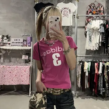 아디다스 adidas 갸루 티셔츠 핑크 로고