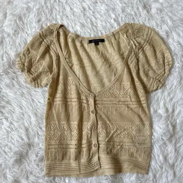 ANNE KLEIN 여성용 반팔 가디건 (S) 기하학 패턴 베이지
