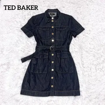 TED BAKER 데님 원피스 벨트 골드 버튼 반팔 카라 부착 로고