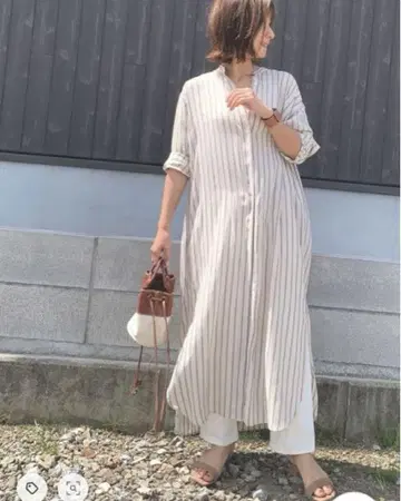 IENA 리요셀 스트라이프 밴드 카라 셔츠 원피스 38