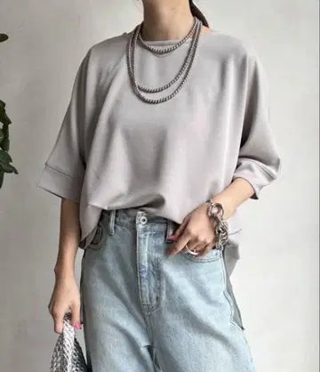 doudou 5부 소매 조젯 도킹 풀오버 이소재 오간자