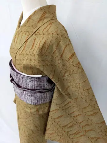 새상품급 순수 실크 이중 기모노 한방 염색 조임 츠무기 단품