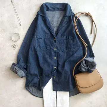 새상품급 Spick & Span ZOE 오픈 카라 셔츠 데님 골드 버튼