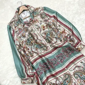 ZARA 스카프 패턴 페이즐리 무늬 셔츠 원피스 새틴풍 리본 벨트 XL