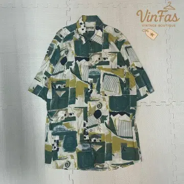 vintage 올 패턴 아트 디자인 레트로 오픈 카라 반팔 셔츠