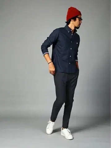 The DUFFER 라인 리브 소매 옥스퍼드 캐주얼 셔츠 네이비 M