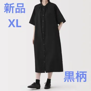 MUJI 부드러운 리오셀 혼방 5부 소매 원피스 여성 XL 블랙 패턴