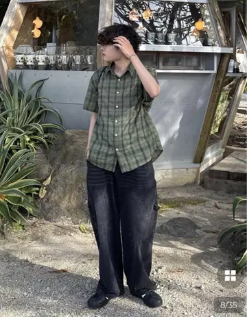 그린 계열 체크 반팔 셔츠 짧은 기장 서프