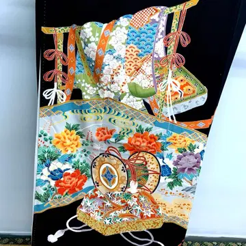 C52 순수 실크 블랙 전통 예복 기모노 화문양 부채 낙관 결혼식 기모노