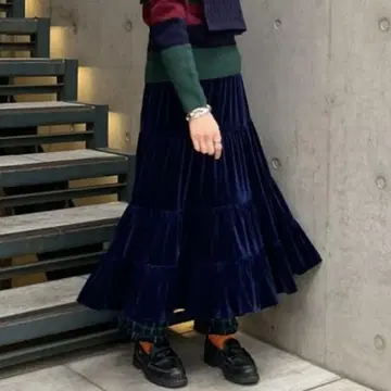 BEAMS BOY 네이비 벨로아 티어드 스커트