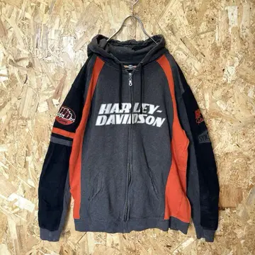 레어 할리데이비슨 로고 자수 와펜 래글런 집업 후드티