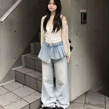 emmy 플리츠 카트 레이어드 데님 팬츠