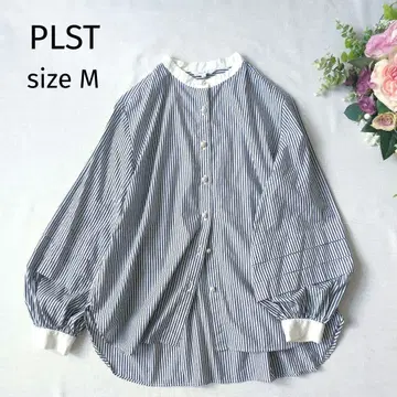 PLST 펄 버튼 볼륨 슬리브 스트라이프 셔츠 루즈핏 플라스테