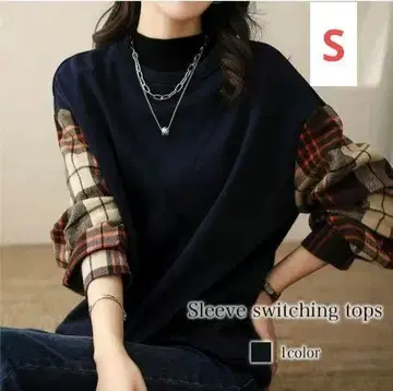 슬리브 절개 상의 긴팔 네이비 여성용 체크 무늬 새상품 S