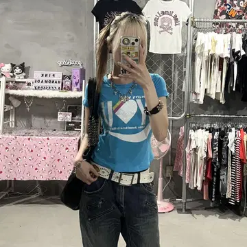 Y2K 라메 피치T 키라키라 헤이세이 아이러브 티셔츠 스톤