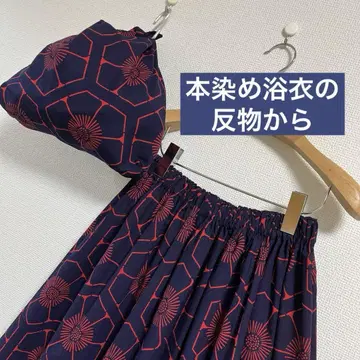본염 유카타 옷감으로 만든 개더가 풍성한 6단 스커트와 아즈마 부쿠로