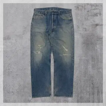 스트레이트 데님 블루 데미지 가공