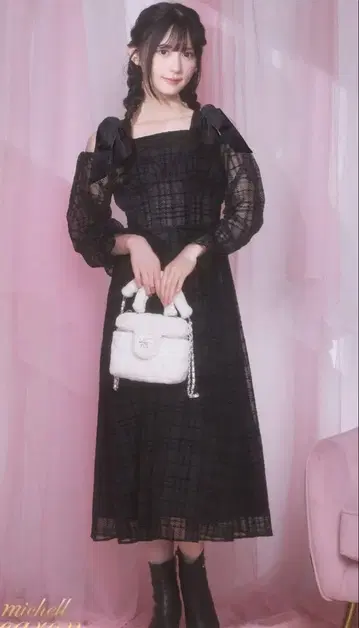 michellMacaron 체크 리본 슬리브 원피스 XS