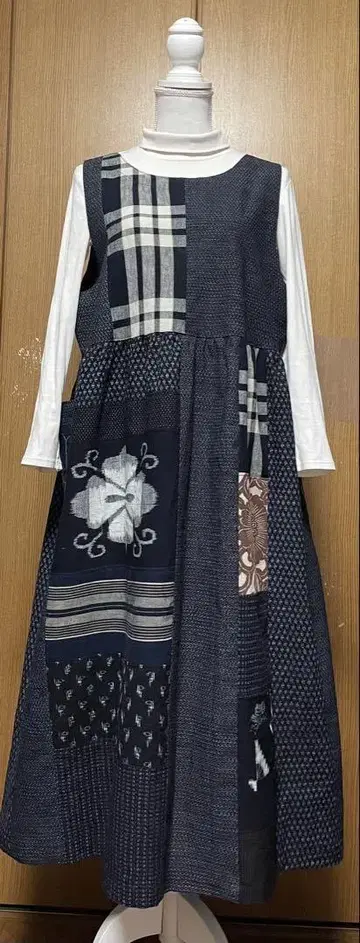 기모노 리메이크 카스리 등 목화 패치워크 오버롤 스커트 슬리브리스 원피스