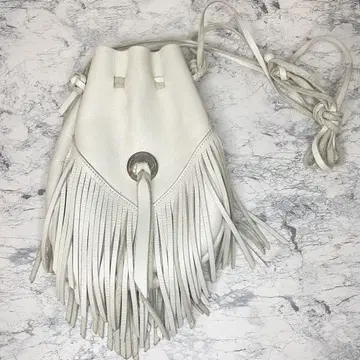 프린지 숄더백 화이트 천연 가죽 복조리 네이비 콘초 vintage 웨스턴